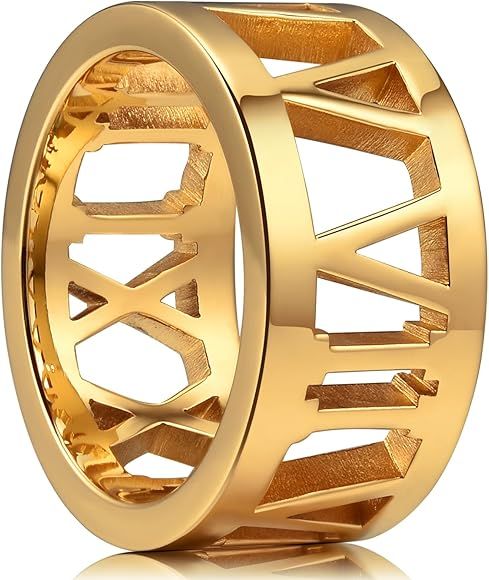 TIME 10mm 316 Stainless Steel Wedding Band Gold Plated Ring with Roamn Nunber Hollow&Full High Po... | Amazon (US)