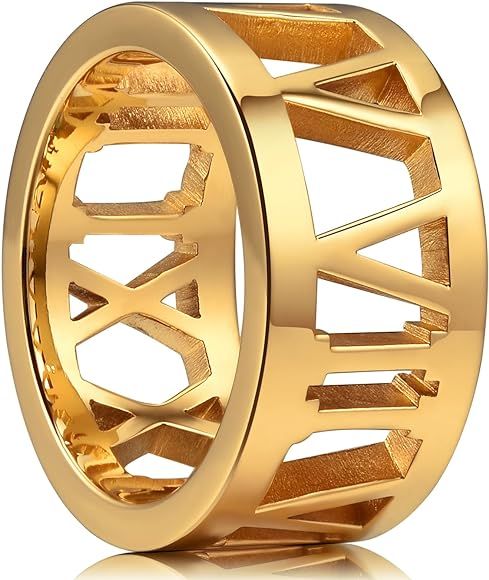 TIME 10mm 316 Stainless Steel Wedding Band Gold Plated Ring with Roamn Nunber Hollow&Full High Po... | Amazon (US)