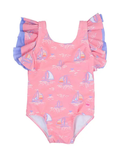 RuffleButts Baby/Toddler Girls UPF50+ Sun Protected Butterfly One Piece in Pink Seas The Day at Nordstrom, Size 4T | Nordstrom