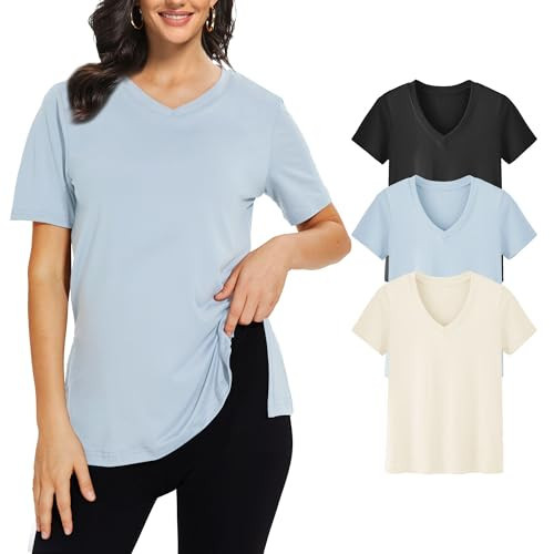 Showitty 3 Pack T Shirts for Women, Short Sleeve V Neck Basic Tees Loose Fit Cute White Black Tops for Casual Outfits | Amazon (US)