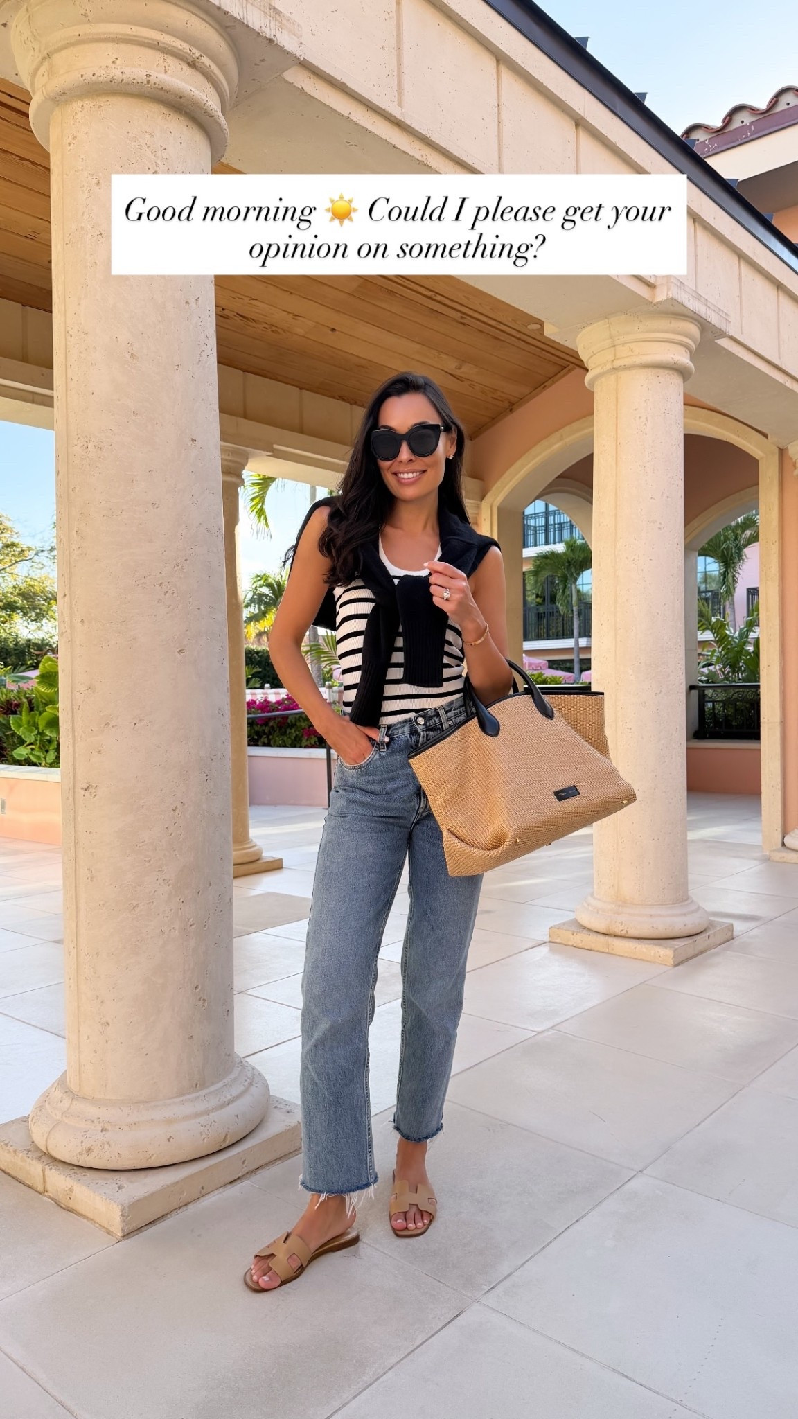 Toteme jeans, Khaite raffia tote, Hermes sandals, spring outfit. 

#LTKstorytime #LTKdayinmylife #LTKootd