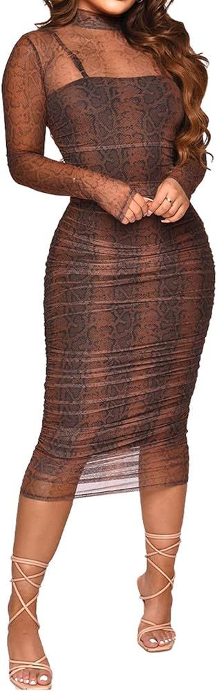 Fastkoala Women Sexy Long Sleeve Printed Sheer Mesh Bodycon Midi Dress See Through Slim Fit Party Cl | Amazon (US)
