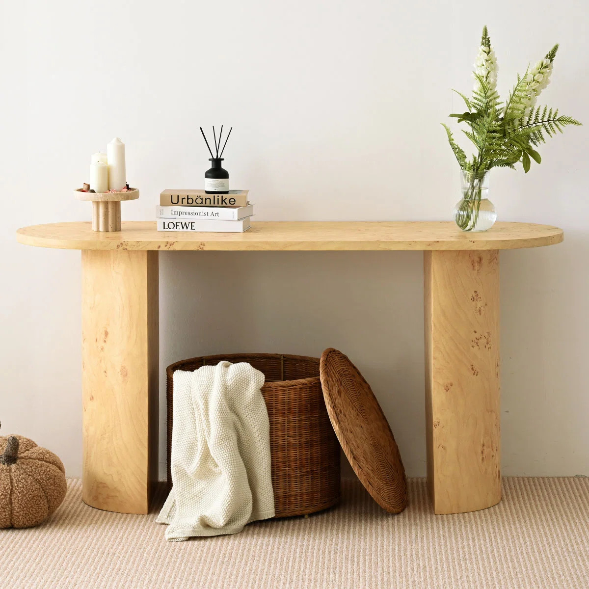 60" Burl Wood Finish Console Table with Rounded Waterfall Base for Entryway | Wayfair North America