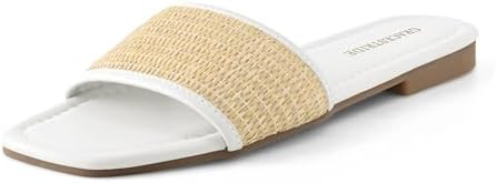 Women's Slides Flat Sandals Raffia Square Toe Comfortable Summer Beach Dressy Shoes | Amazon (US)