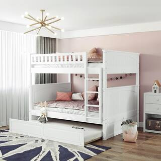Harper & Bright Designs White Full Over Full Wood Bunk Bed with Twin Trundle-LP000044AAK - The Ho... | The Home Depot
