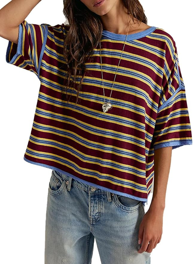 Womens Y2K Oversized Striped T-Shirts Drop Shoulder Boxy Crop Tees Loose Fit Short Sleeve Vintage... | Amazon (US)