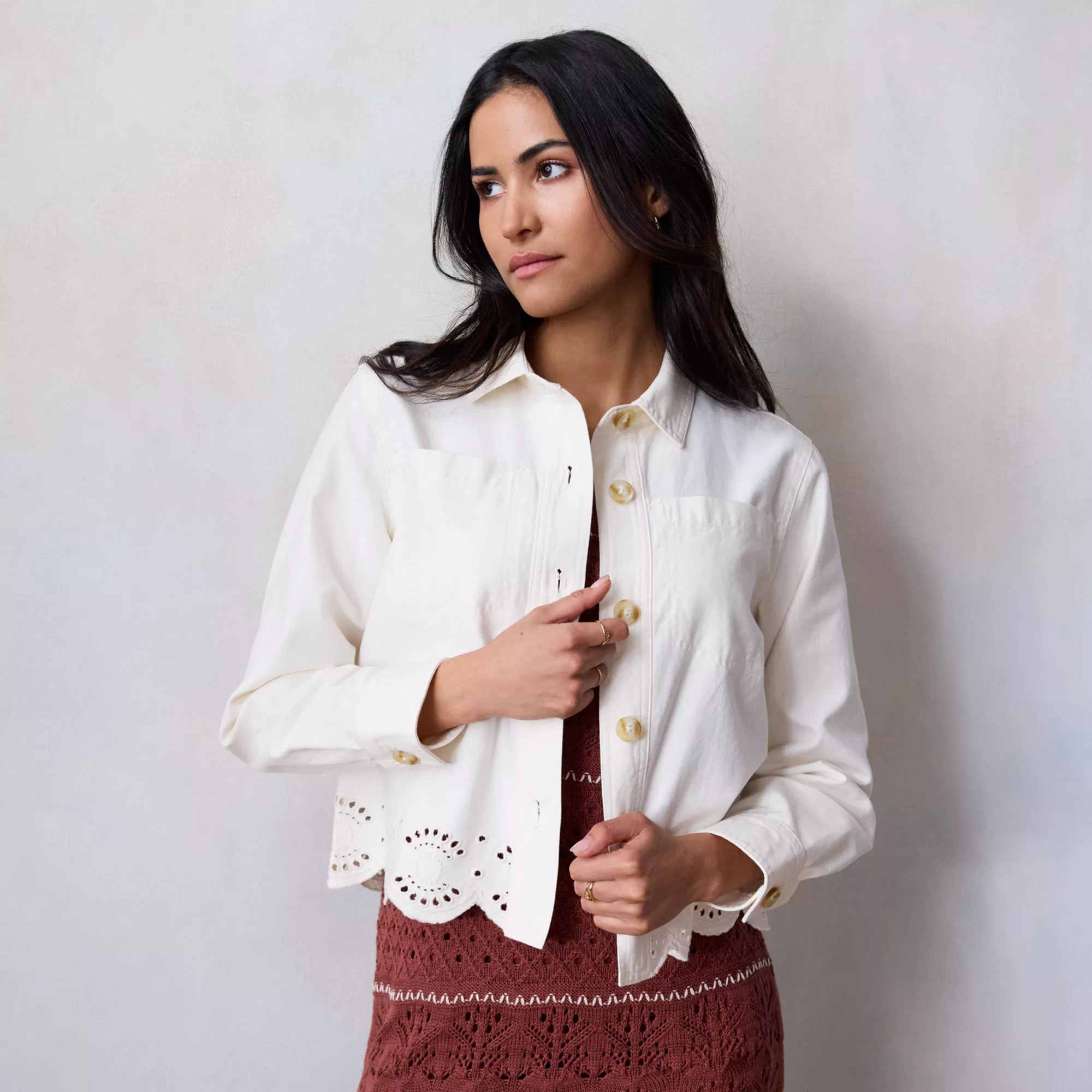 Women's LC Lauren Conrad Femme Trucker with Eyelet Hem Jean Jacket | Kohl's