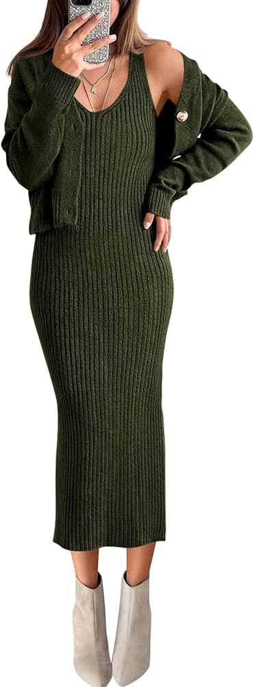 BTFBM Women Fall Knit Sweater Dress Set Bodycon Slit Midi Dresses Button Down Long Sleeve Cropped... | Amazon (US)