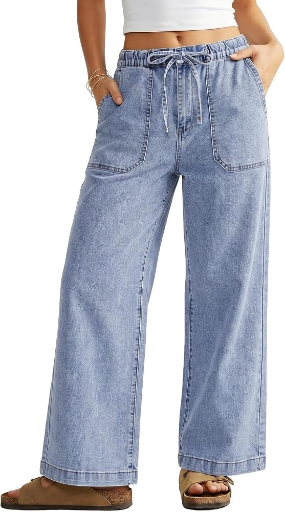 GRAPENT Wide Leg Jeans for Women Trendy High Waisted Drawstring Tie Elastic Waist Stretchy Denim ... | Amazon (US)