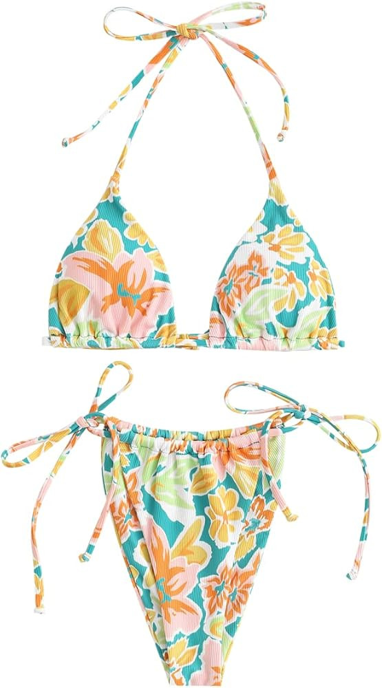 ZAFUL Triangle Bikini for Women 2 Piece Halter Bikini Sets Sexy High Cut Bathing Suit Side Tie Sw... | Amazon (US)