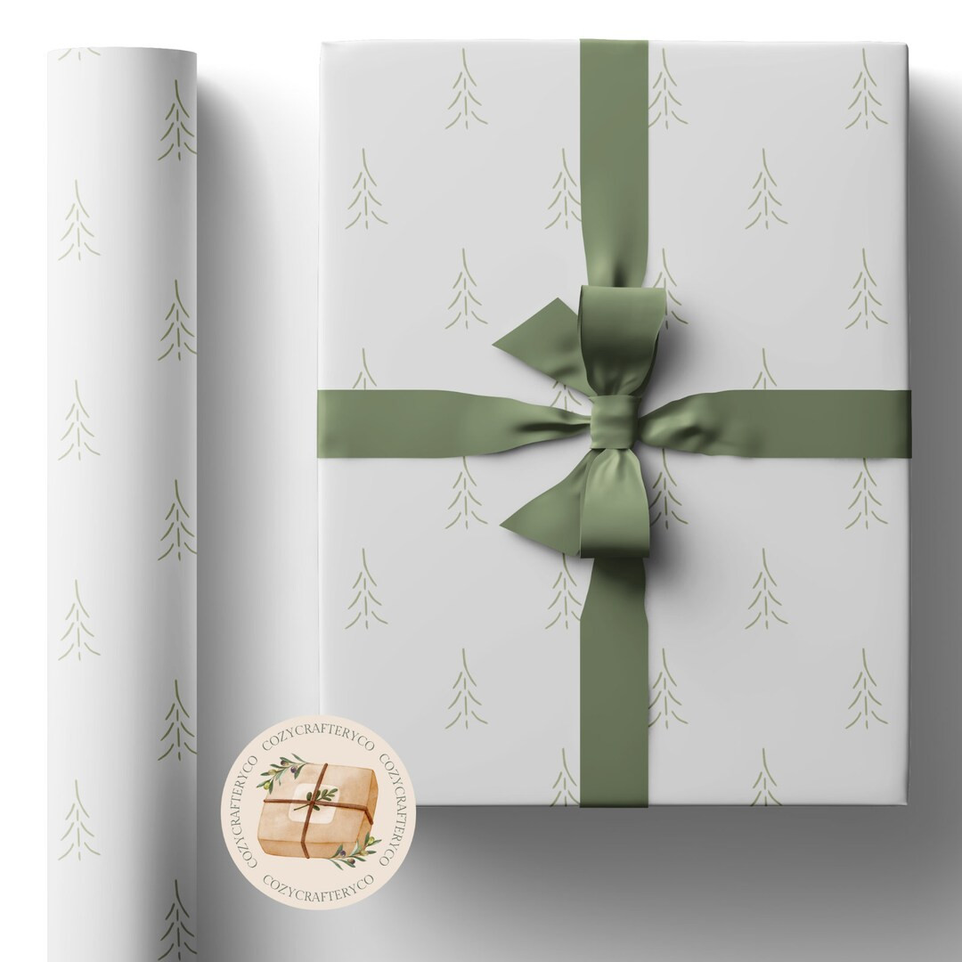 Minimal Vintage Christmas Tree Gift Wrapping Paper Rolls white Green holiday Eco Recycled Sheets ... | Etsy (US)