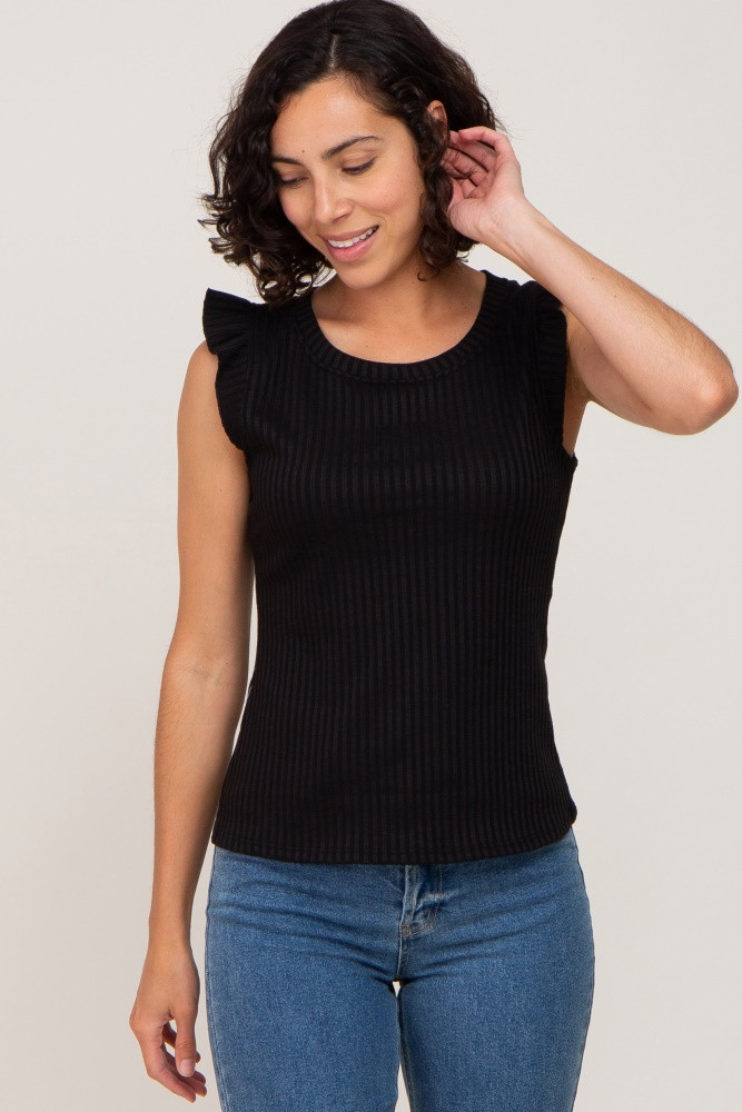 Black Ribbed Ruffle Shoulder Tank Top | PinkBlush Maternity
