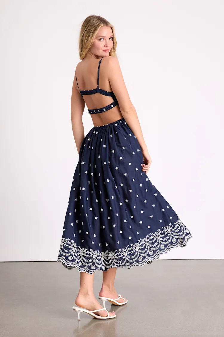 Kosi Navy Embroidered Backless Midi Dress | Lulus