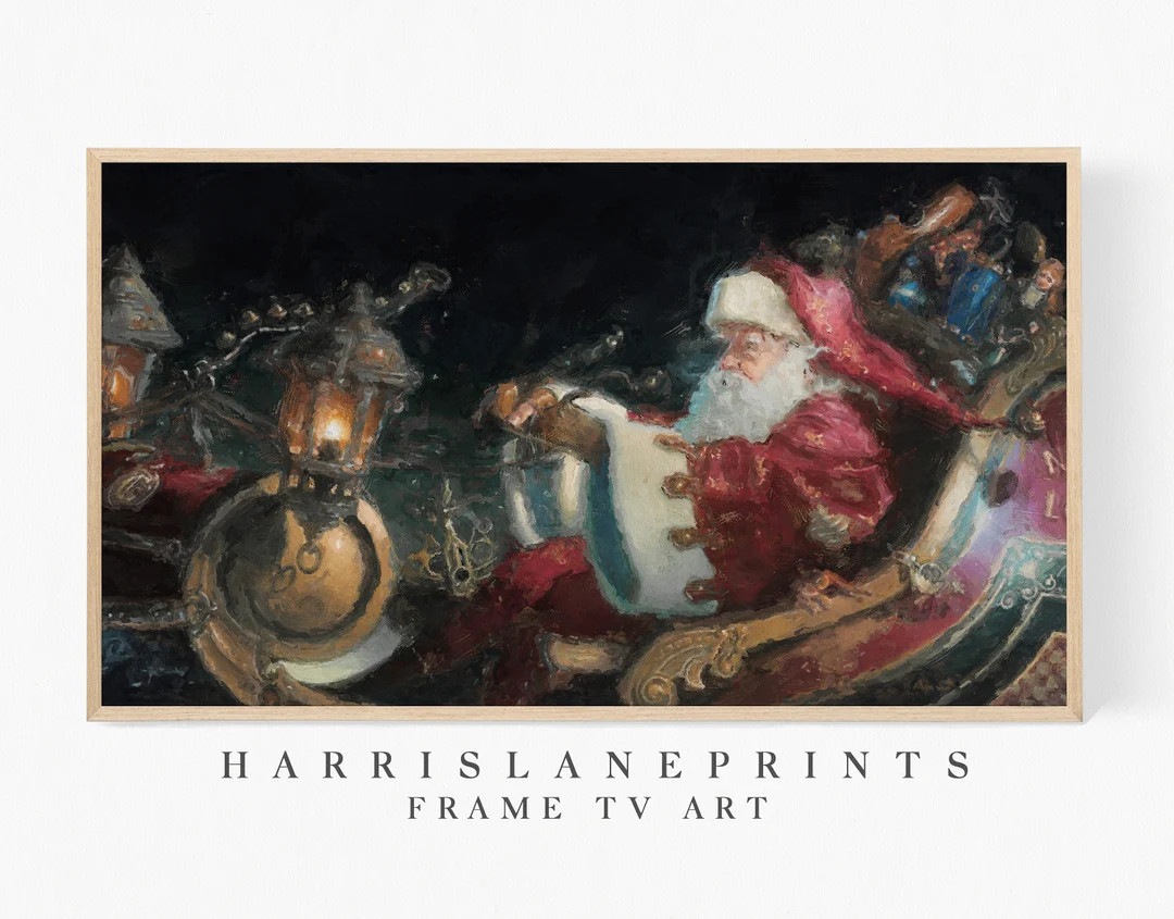 Samsung Frame TV art | "Abstract Santa On The Way" | Christmas | Sleigh | Winter | Poinsettias | ... | Etsy (US)