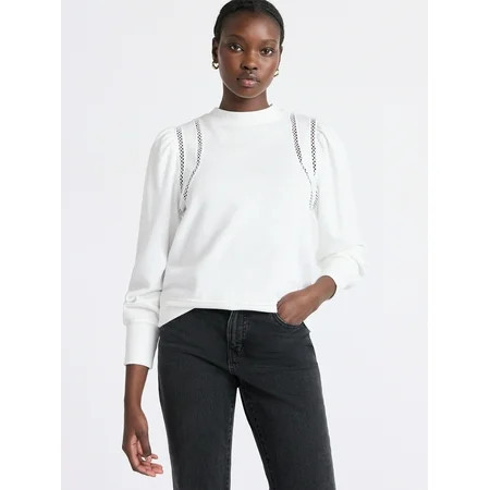 Free Assembly Women s French Terry Sweatshirt with Lace Inset and Long Puff Sleeves Sizes XS-XXL | Walmart (US)