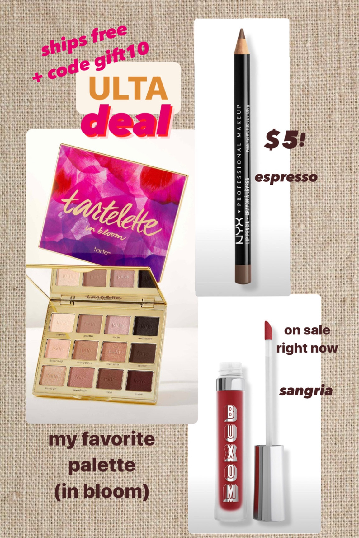 My current shadow + lip combo-on sale at Ulta. Free shipping and GIFT10 code. Order online and store pickup available. @tarte @nyx @buxom #beautyover50 #makeupover50 #beautydeals 

#LTKover40 #LTKsalealert #LTKbeauty