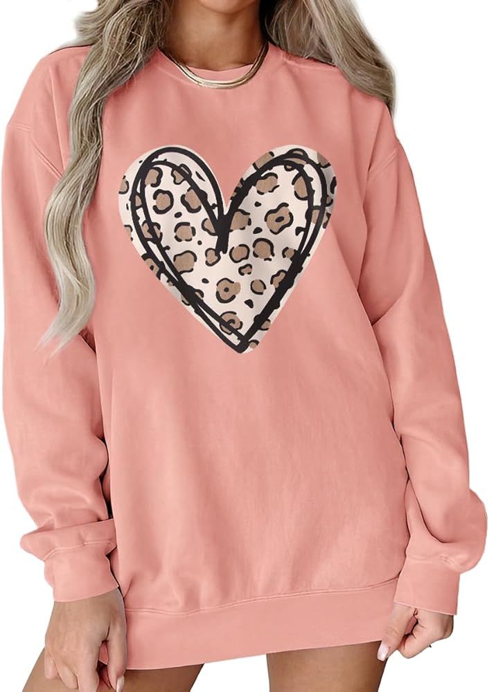 KEKEMI Valentine's Day Sweatshirt Women Leopard Love Heart Graphic Crewneck Pullover Long Sleeve ... | Amazon (US)
