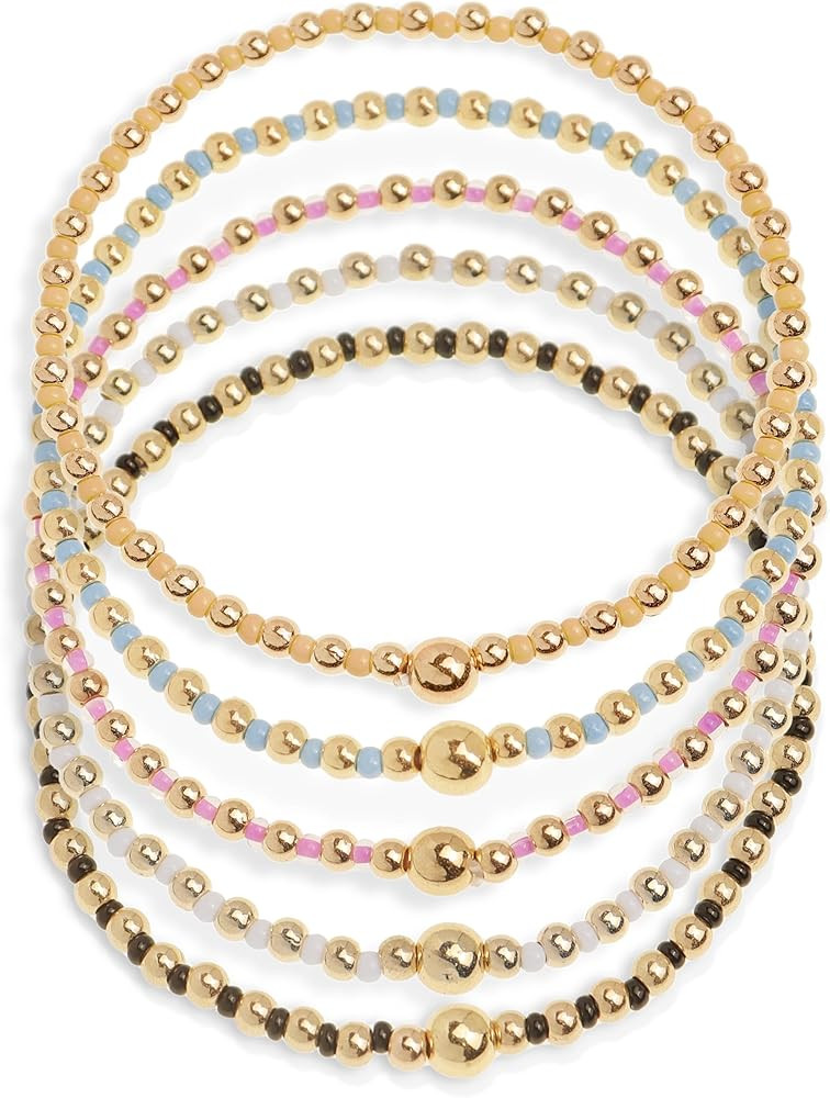 Gold Beaded Stackable Friendship Bracelets Set for Women, Handmade Boho Stretch Summer Jewelry Gi... | Amazon (US)