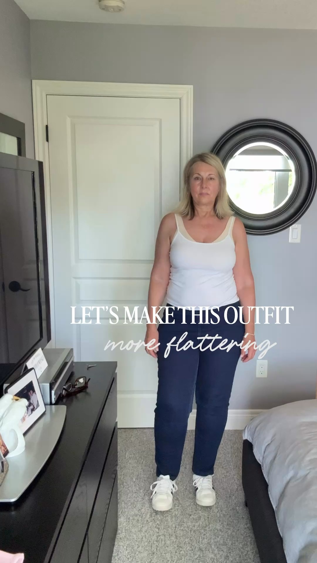 Let’s make this outfit more flattering. The top shows the bra. The pants are too small and the shoes don’t elongate my legs.  
By switching out the top and ￼then adding a wider leg pant adding a heel and a necklace  changes, the whole look. 
Top L
Jeans 14
Shoes FTS

#LTKmidsize #LTKstyletip