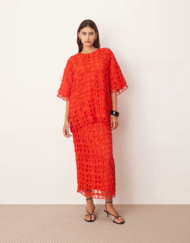 ARRANGE floral cutwork column midi skirt in red - part of a set | ASOS (Global)