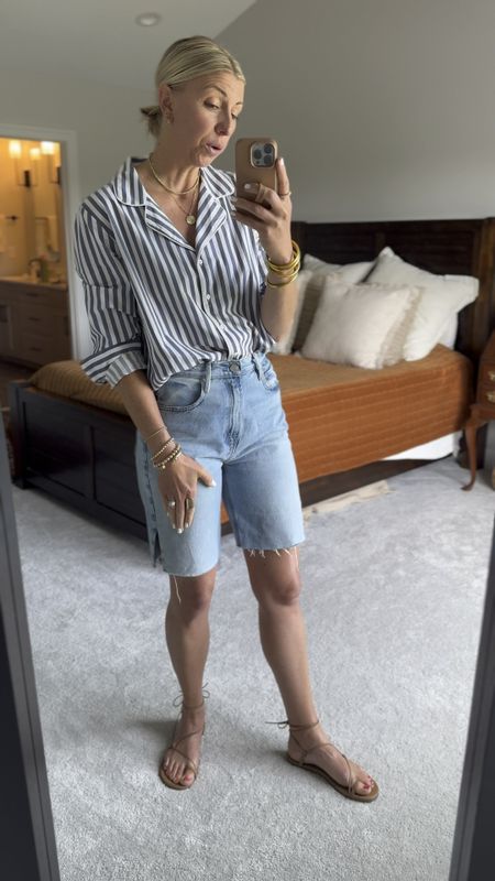 Tips for wearing longer length Bermuda shorts: show off your waistline by tucking in your top. Wearing a nude, minimal sandal to create a longer line down the legs. Go up a size in your shorts for a more relaxed fit- you don’t want them too tight! 
I’ve linked a very similar pair to mine + a similar blouse 👍🏻

#LTKVideo #LTKOver40 #LTKStyleTip