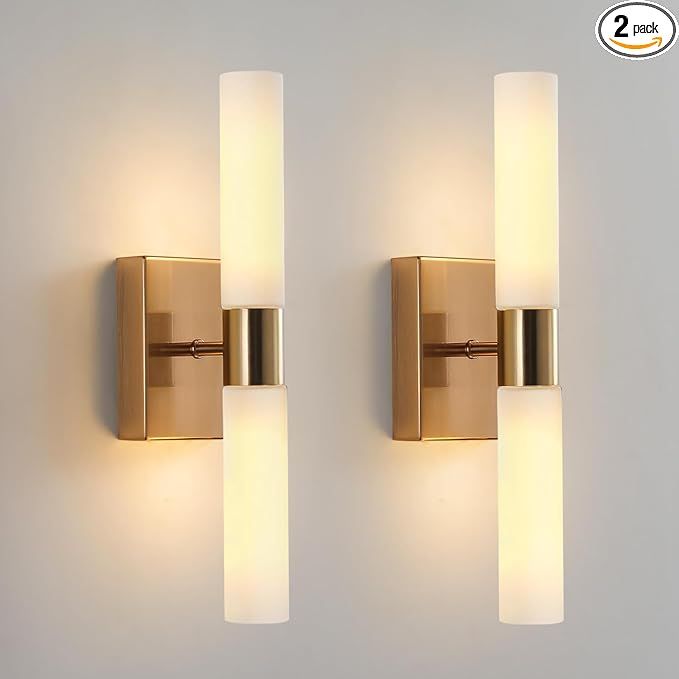 Wall Sconces Set of Two Brass Brushed Gold Modern Sconces Wall Lighting Set of 2 Frosted Glass Sh... | Amazon (US)