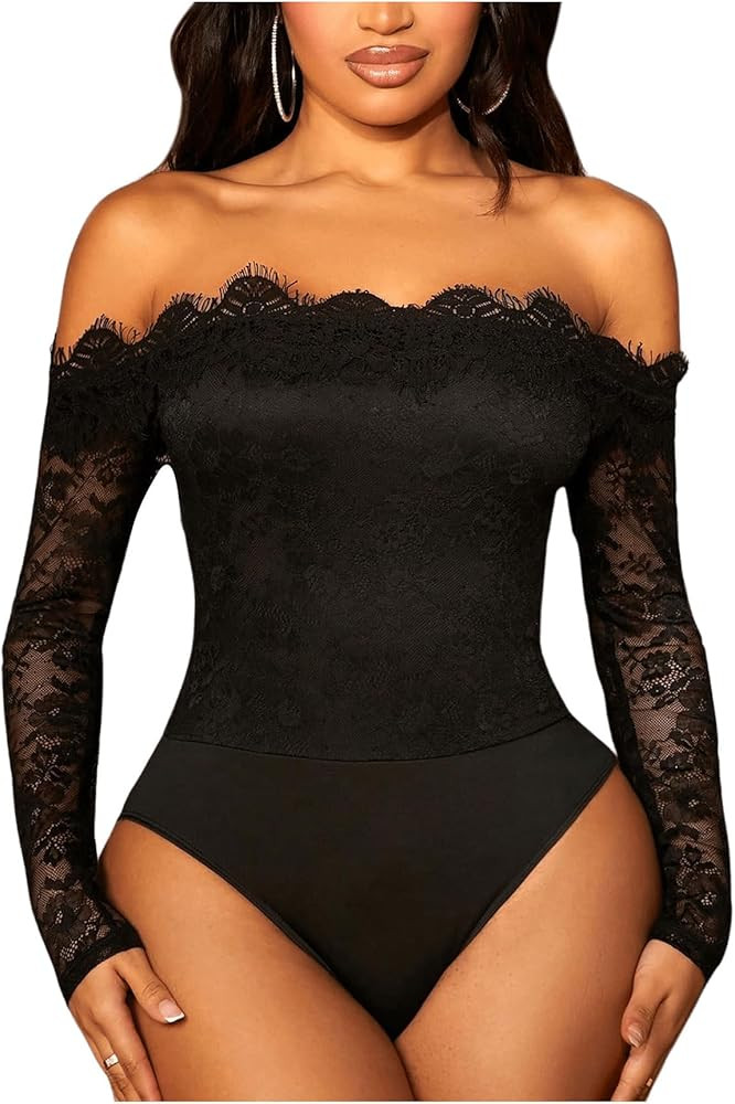 WDIRARA Women's Off Shoulder Floral Lace Bodysuit Mesh Long Sleeve Leotard Top | Amazon (US)