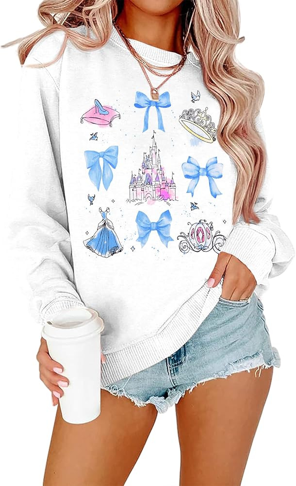 MYHALF Magic Kingdom Sweatshirts Women Embroidered Magical Princess Graphic Shirts Family Vacation Castle Long Sleeve Tops | Amazon (US)