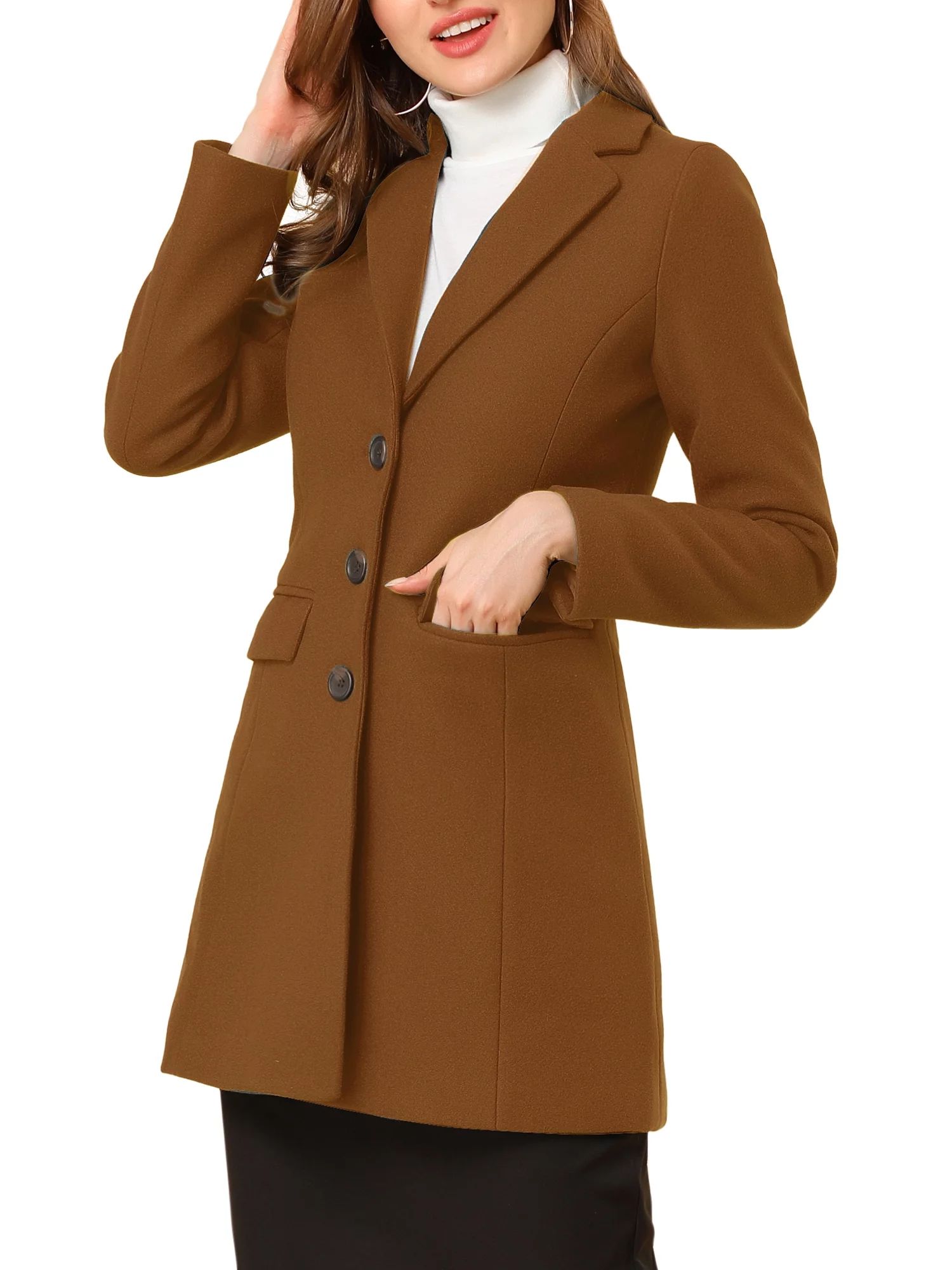 Allegra K Women's Notched Lapel Long Sleeves Single Breasted Winter Long Coat | Walmart (US)