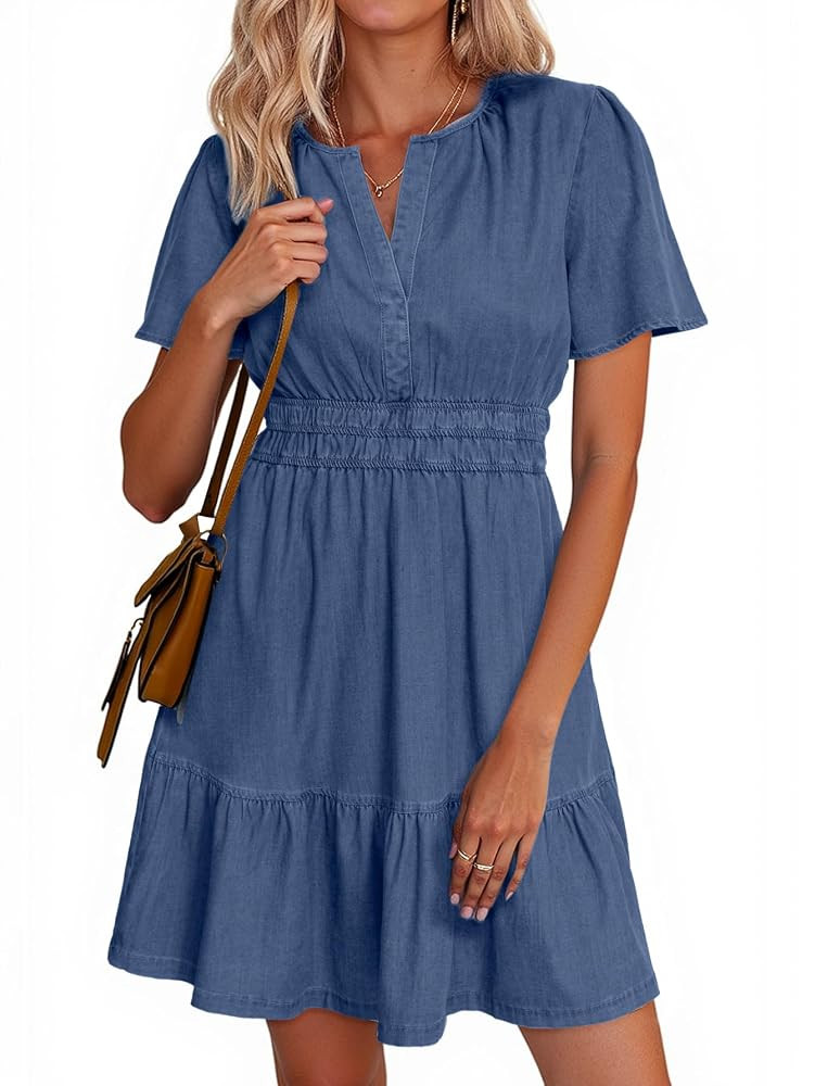 Simplee Womens Summer Denim Dress Casual Short Sleeve Mini Dress Boho Beach Flowy Tiered Short Je... | Amazon (US)