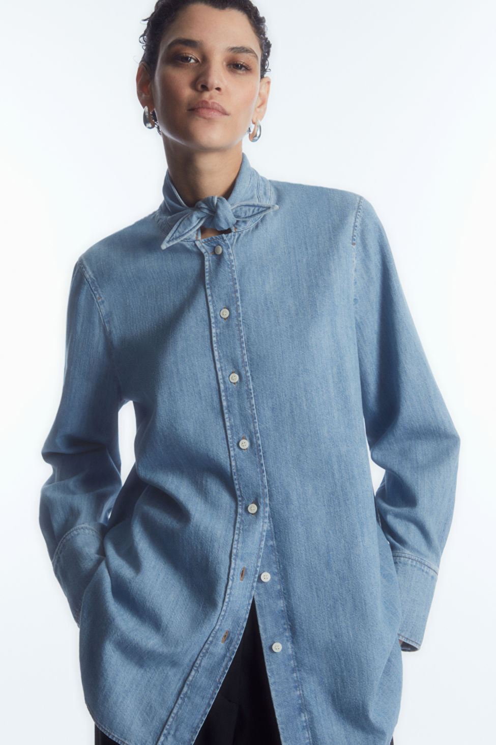 TIE-NECK DAGGER-COLLAR DENIM SHIRT - LIGHT BLUE - Shirts - COS | COS (US)