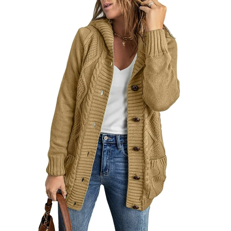 Eytino Hooded Cardigan Sweaters for Women Long Sleeve Button Down Knit Sweater Coat Outwear with ... | Walmart (US)
