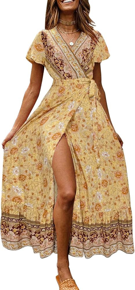 Women's Bohemian Floral Printed Wrap V Neck Short Sleeve Split Beach Party Maxi Dress | Amazon (US)