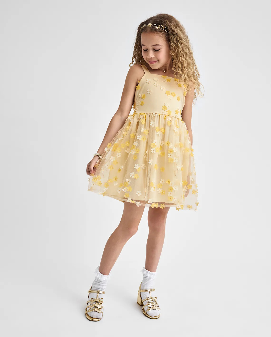 Girls 3D Floral Mesh Fit And Flare Dress - yellow | The Children's Place