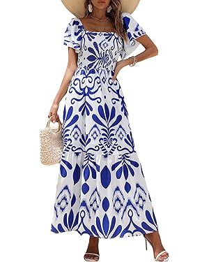 MakeMeChic Women's Floral Print Layered Short Sleeve Square Neck Ruffle High Waist A Line Summer ... | Amazon (US)