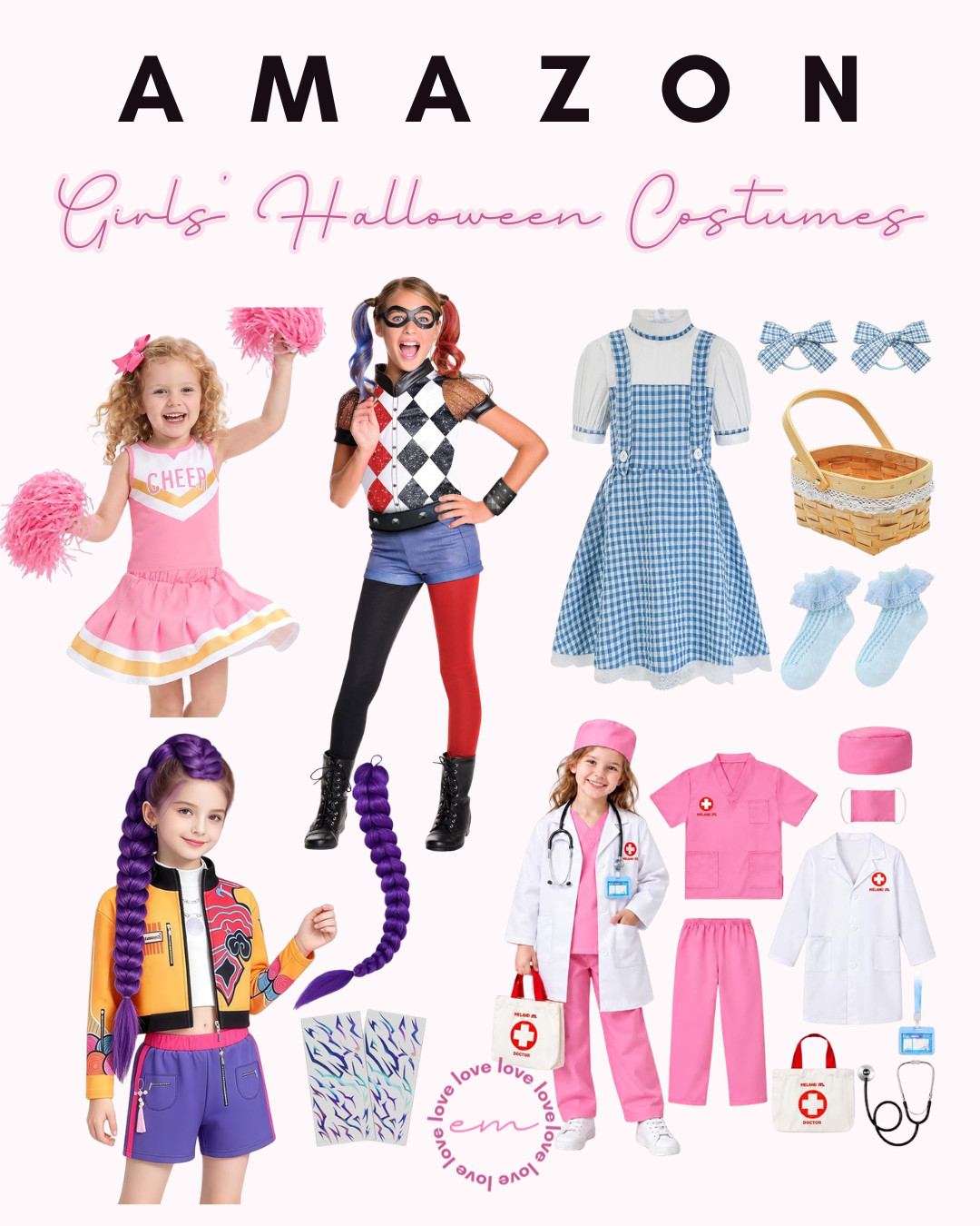Halloween is coming up fast, and getting girls' costumes ordered early is a lifesaver! 🎃 If you are on the hunt for fun, high-quality, and adorable outfits for your little girl, Amazon has some of the best trending picks ready to shop. From bright pink cheerleader sets complete with pom-poms and edgy Harley Quinn superhero looks to classic fairytale Dorothy gingham dresses with matching hair bows, ruffled socks, and a picnic basket, there is something for every personality. If she loves dress-up and character looks, the vibrant Descendants-inspired outfit with its long purple braid or the complete pink doctor scrub set with a lab coat and accessories are major hits. #AmazonHalloween #GirlsHalloweenCostumes #AmazonKids #TrickOrTreatOutfits #SpookySeason #LTKkids #AmazonFinds #HalloweenCostumes #KidCostumes #LTKfamily 

 #LTKootd #LTKSeasonal #LTKKids