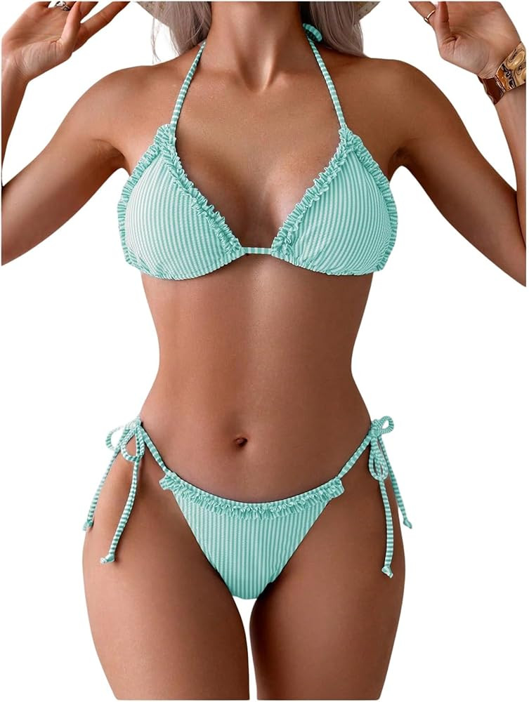 Verdusa Women's 2 Piece Striped Halter String Cute Bikini Sets Swim Suits Cheeky Triangle Bathing... | Amazon (US)