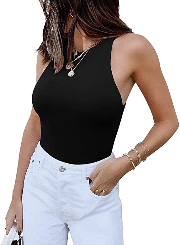 Womens Sexy Sleeveless High Neck Racer Back Halter Thong Bodysuits Leotard Tank Tops Black X-Larg... | Amazon (US)