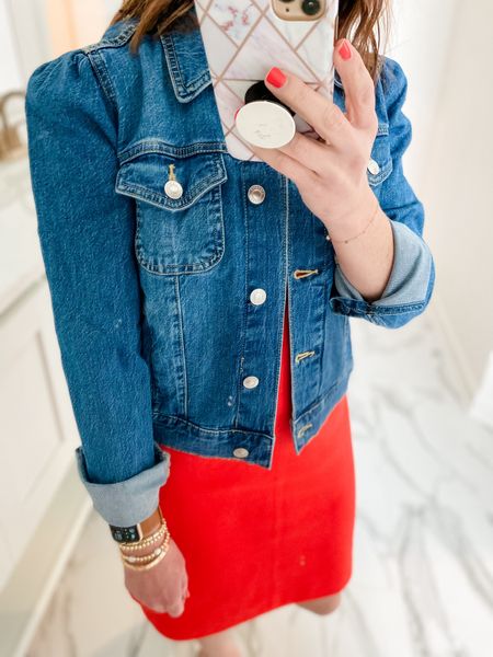 Air Force Blue & Silver Puff Sleeve Denim Jacket ☀️
Wearing XS 
Geranium Dress 🍁🌷
Wearing XS 

#LTKOver40 #LTKStyleTip #LTKFindsUnder50