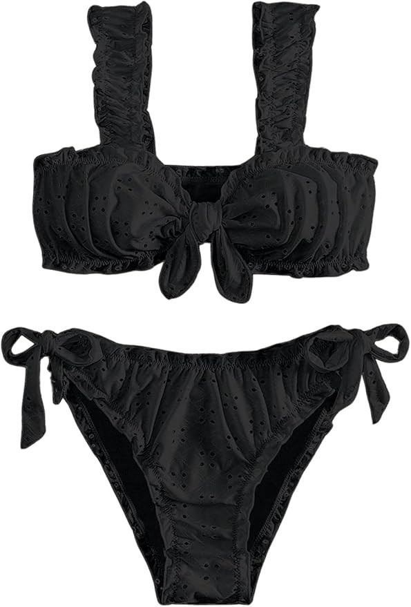 SHENHE Women's 2 Piece Cute Ruffle Swimsuit Knot Front Eyelet Tie Side Cut Bikini Set | Amazon (US)