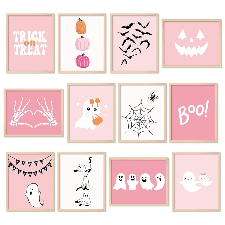 Whaline 12Pcs Halloween Wall Art Prints Cute Pink Ghost Pumpkin Boo Art Poster Trick or Treat Aes... | Amazon (US)