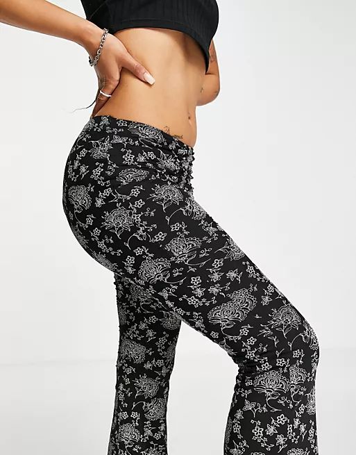 Topshop Petite vintage floral mesh ruched front flare pants in mono | ASOS (Global)