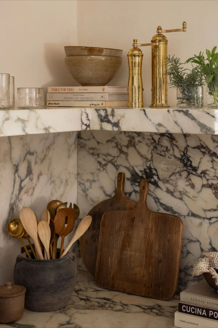 Beautifully crafted ceramic bowls on an Elegant Marble Kitchen Shelf