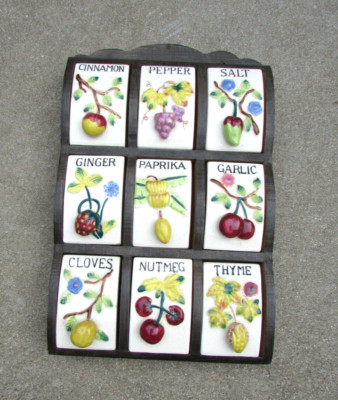 Vintage 9 Pc. Multicolor Ceramic SPICE RACK Brown Wood Shelf Frame Japan NICE | eBay US