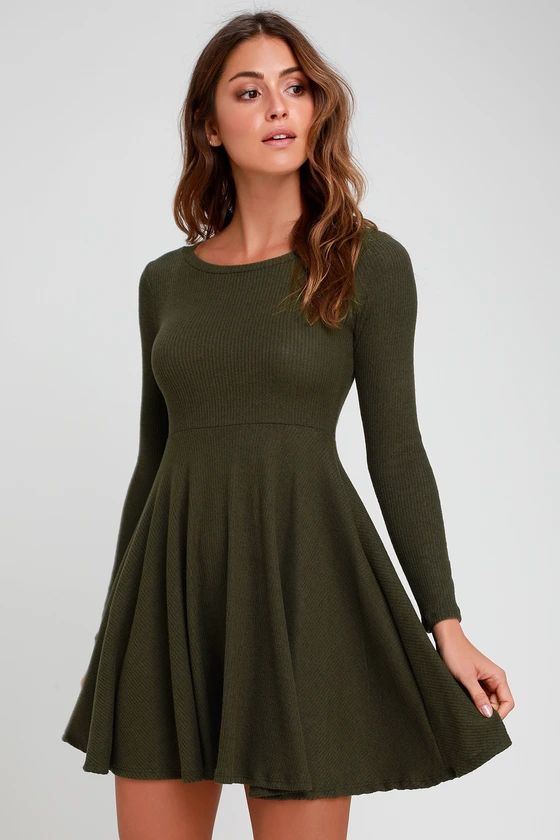 Fit and Fair Olive Green Ribbed Knit Long Sleeve Skater Dress | Lulus (US)