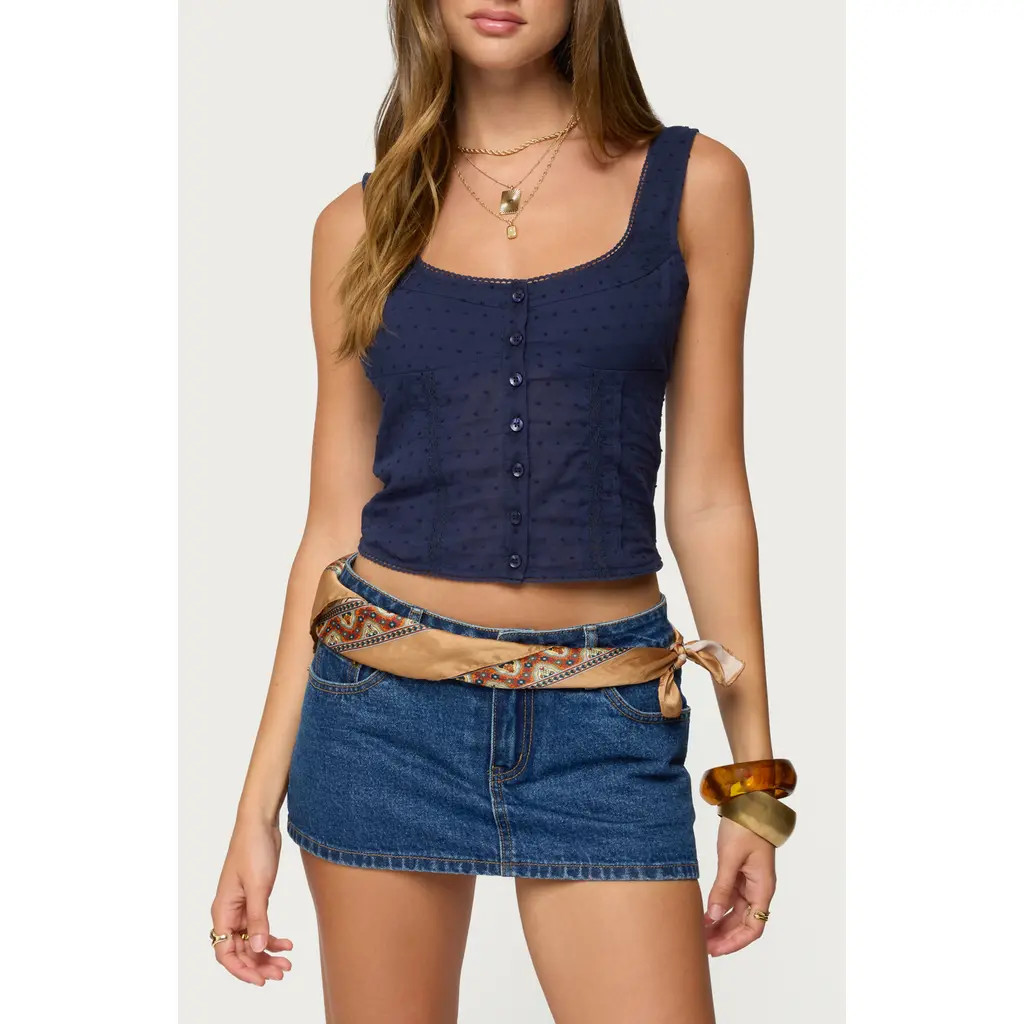 EDIKTED Embroidered Front Button Crop Tank in Navy at Nordstrom, Size Large | Nordstrom