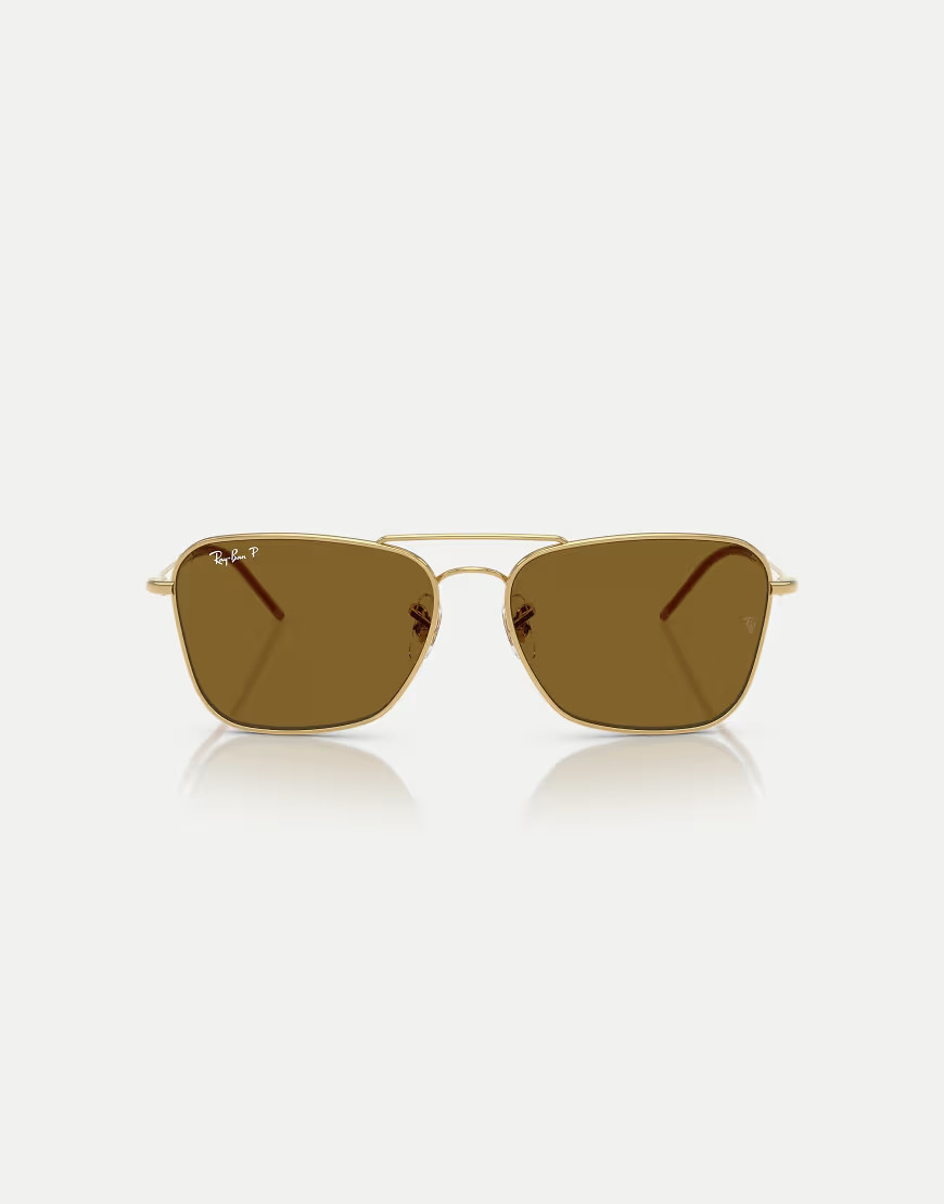 Ray-Ban Caravan square polarised sunglasses with brown lens in arista gold | ASOS (Global)