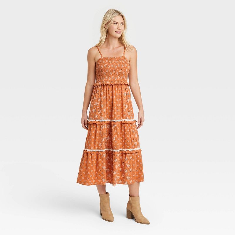 Women&#39;s Sleeveless Tiered Dress - Universal Thread&#8482; Orange Floral S | Target