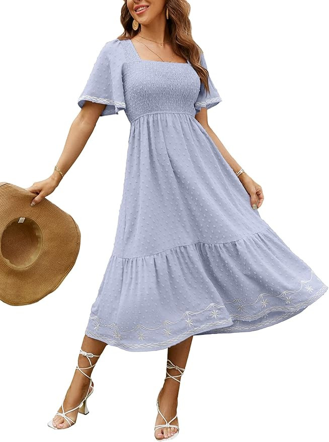 Glamaker Women's Short Sleeve Smocked Square Neck A Line Summer Flowy Maxi Long Dress | Amazon (US)