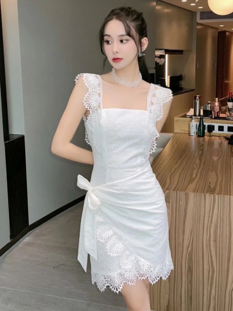 2024 French Commuter White Lace Sling Dress Women's Summer New Sexy Open Back Slim Fit  A-Line Sk... | AliExpress (US)